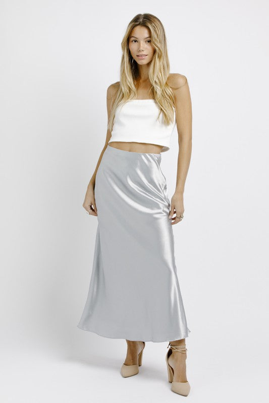Silver Satin Midi Skirt