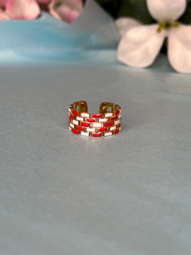 Red and White Basket Weave Ring