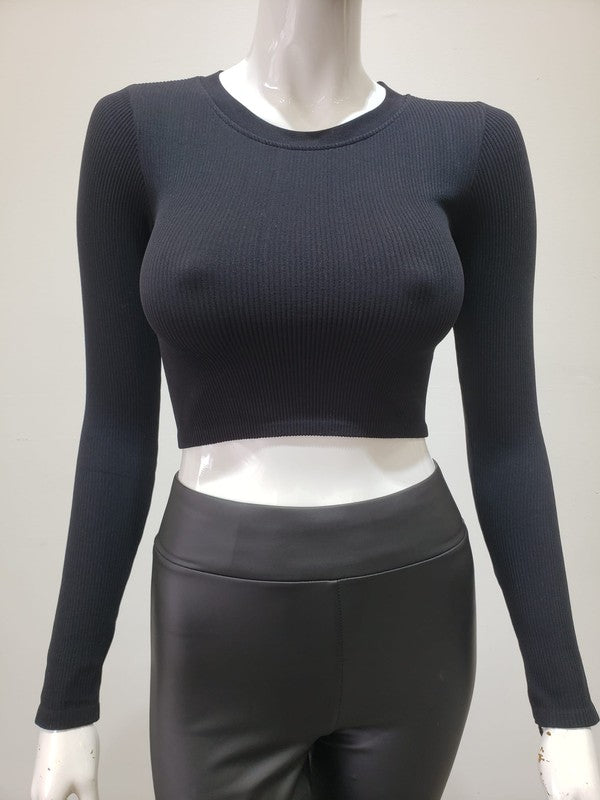 Round Neck Long Sleeve Ribbed Crop Top - 2 for $25
