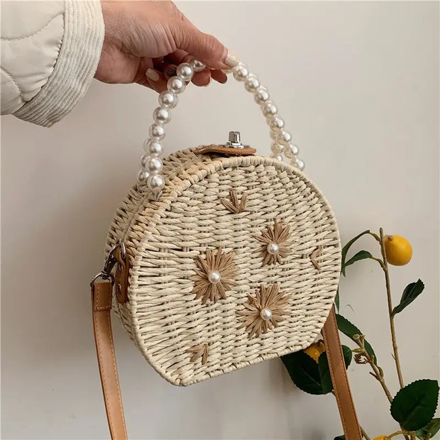 Pearl Strap Straw Handbag