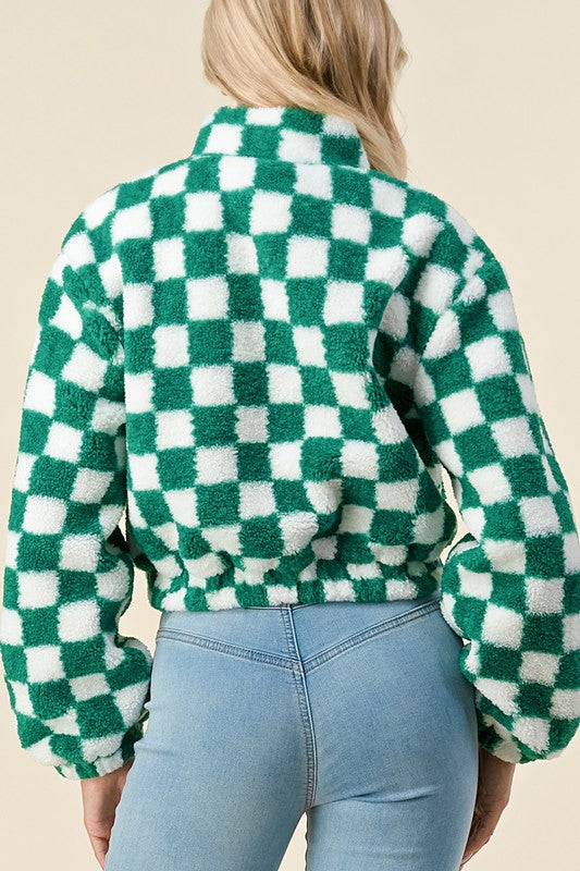 Checkered Cropped Zip-Up